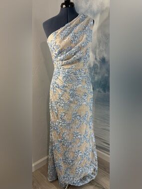 One-Shoulder Light Blue Lace Evening Gown #335